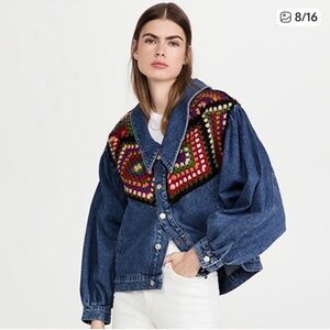 FARM Rio Blue Denim Jean Jacket with Multicolor Crochet Yoke